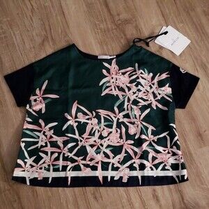 NWT Moncler Green Floral Summer Chic Feminine Edgy Fairy Silk Cotton Top Size XS